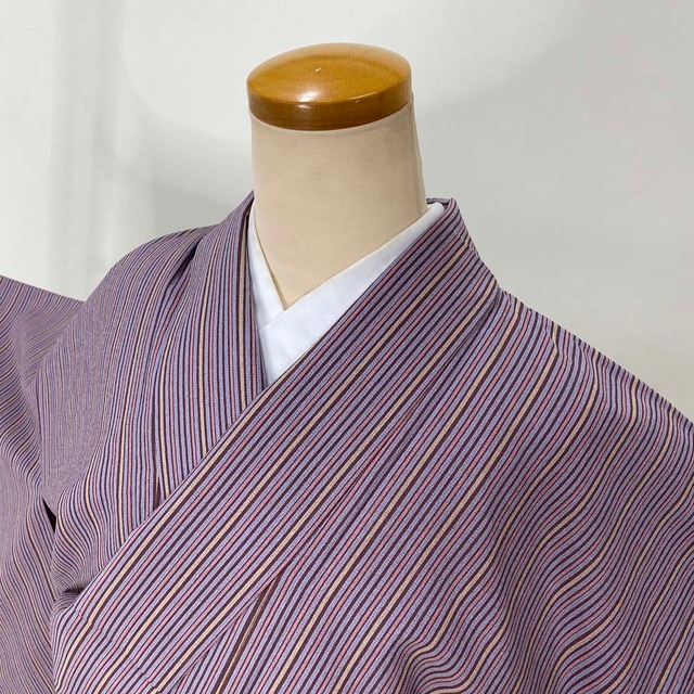 小紋 洗える着物 裄64.2cm 身丈162cm しつけ糸つき 花柄 袷 お洒落着 普段着 ポリエステル ピンク 紫 美品 M サイズ 3661