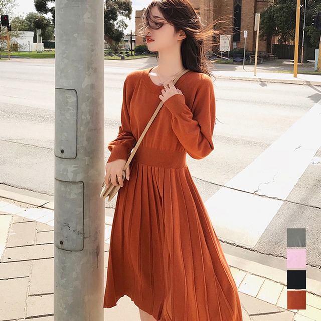 ニットワンピース レディース 送料無料 ミモレ丈 長袖 プリーツ ハイウエスト 春秋 123992