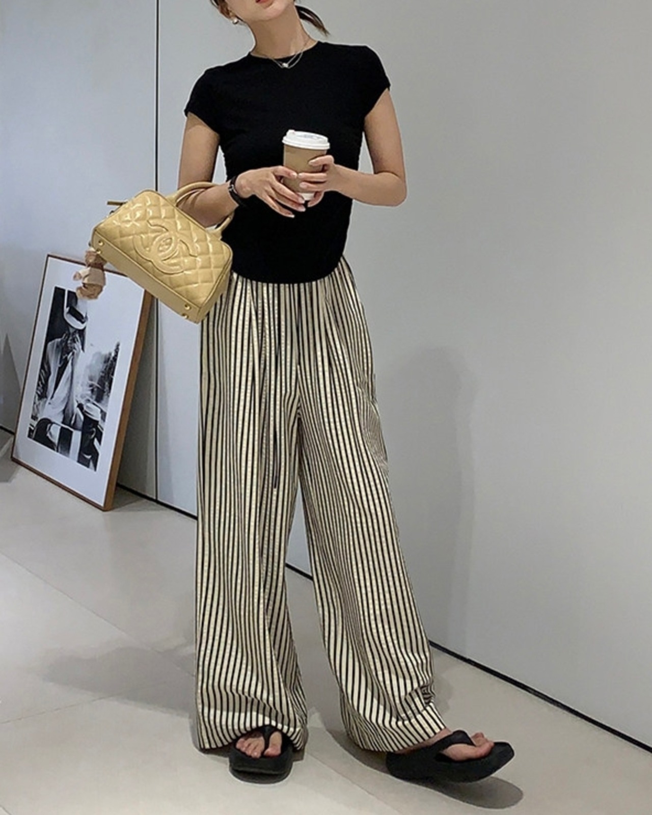 ストライプ柄ウエストゴムワイドロングパンツ A1079 - 3