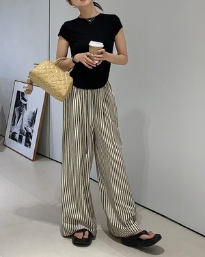 ストライプ柄ウエストゴムワイドロングパンツ A1079