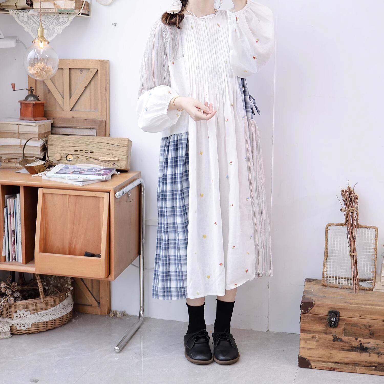 little cotton clothes 2024AW パッチワークワンピース ピンタックパッチワークワンピース ・6160 | Lehtia