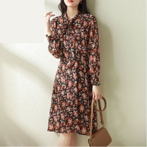 ワンピース シフォンワンピース レディース ひざ丈 ボウタイ 長袖 ワンピ 花柄 Aライン 大人可愛い フォーマル きれいめ 上品 お出かけ デート 女子会 通勤 通学 ハイウエスト