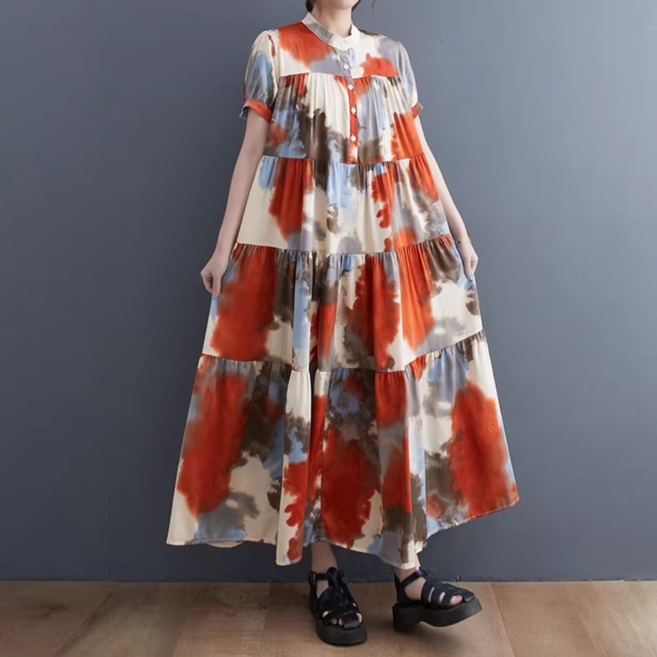 アート柄 ティアード ワンピース 30200
