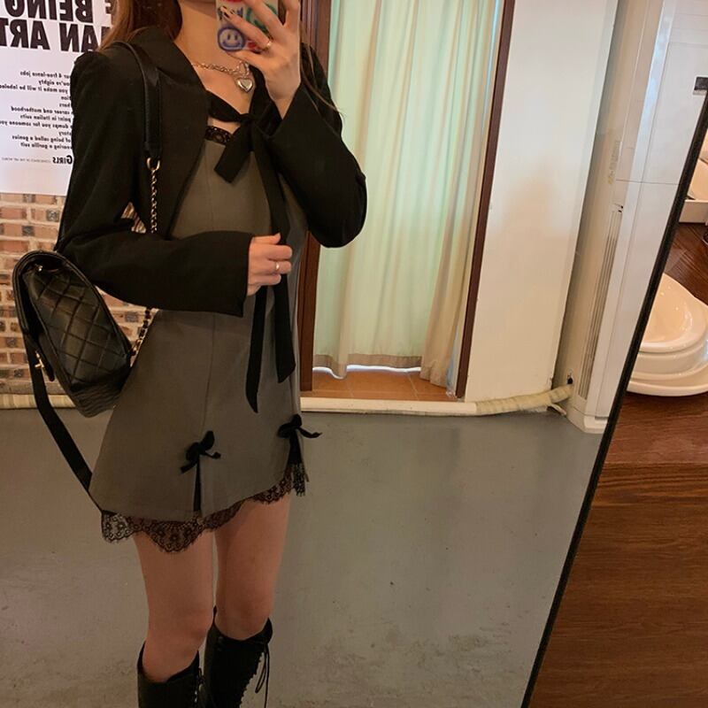 レースドレス リボンスリムAラインスカート スプリングウェスト 春物 ブラックストロベリース69646195553