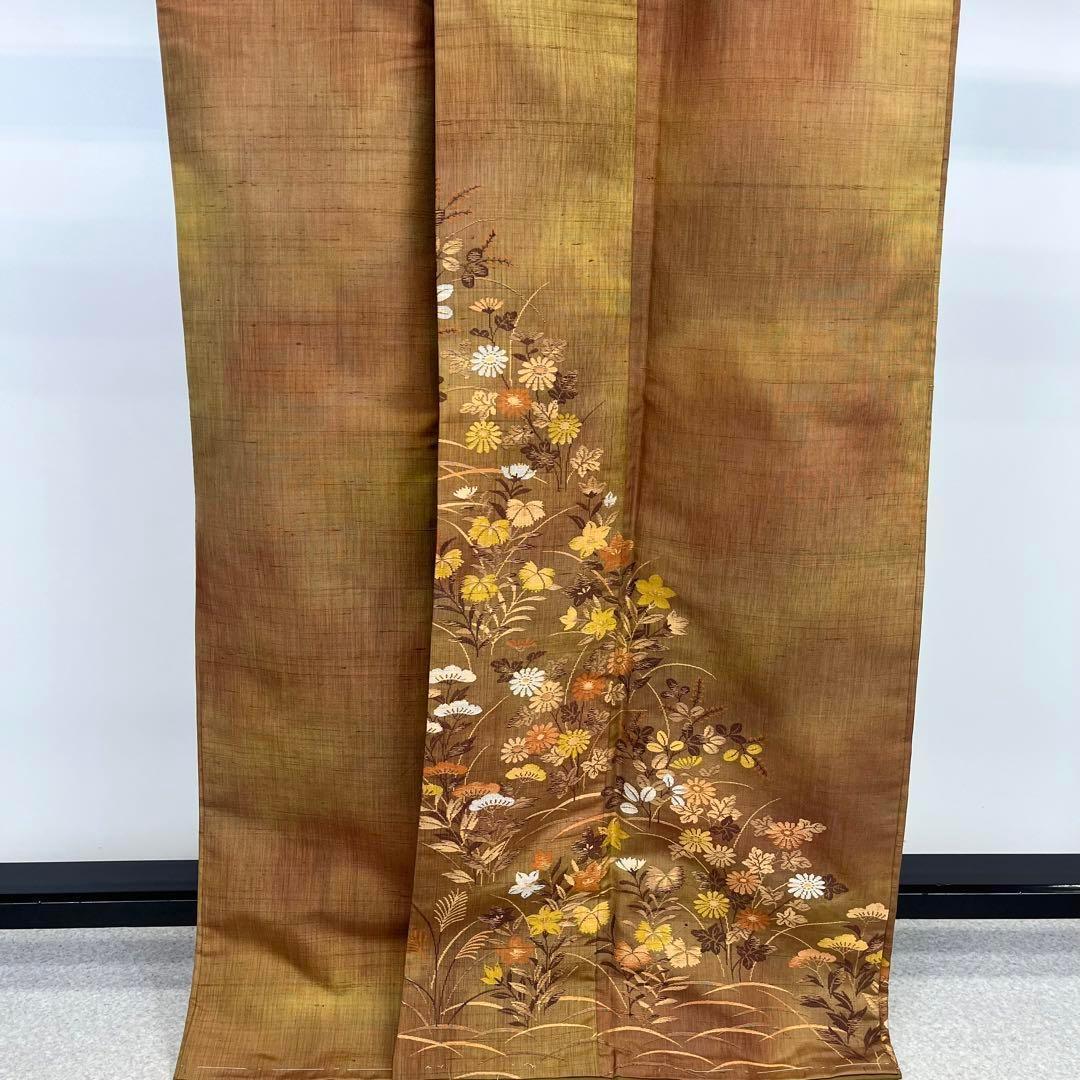 付下げ 紬 織の花模様 菊 萩 撫子 桔梗 松 暈し 肉柱色 K-3738