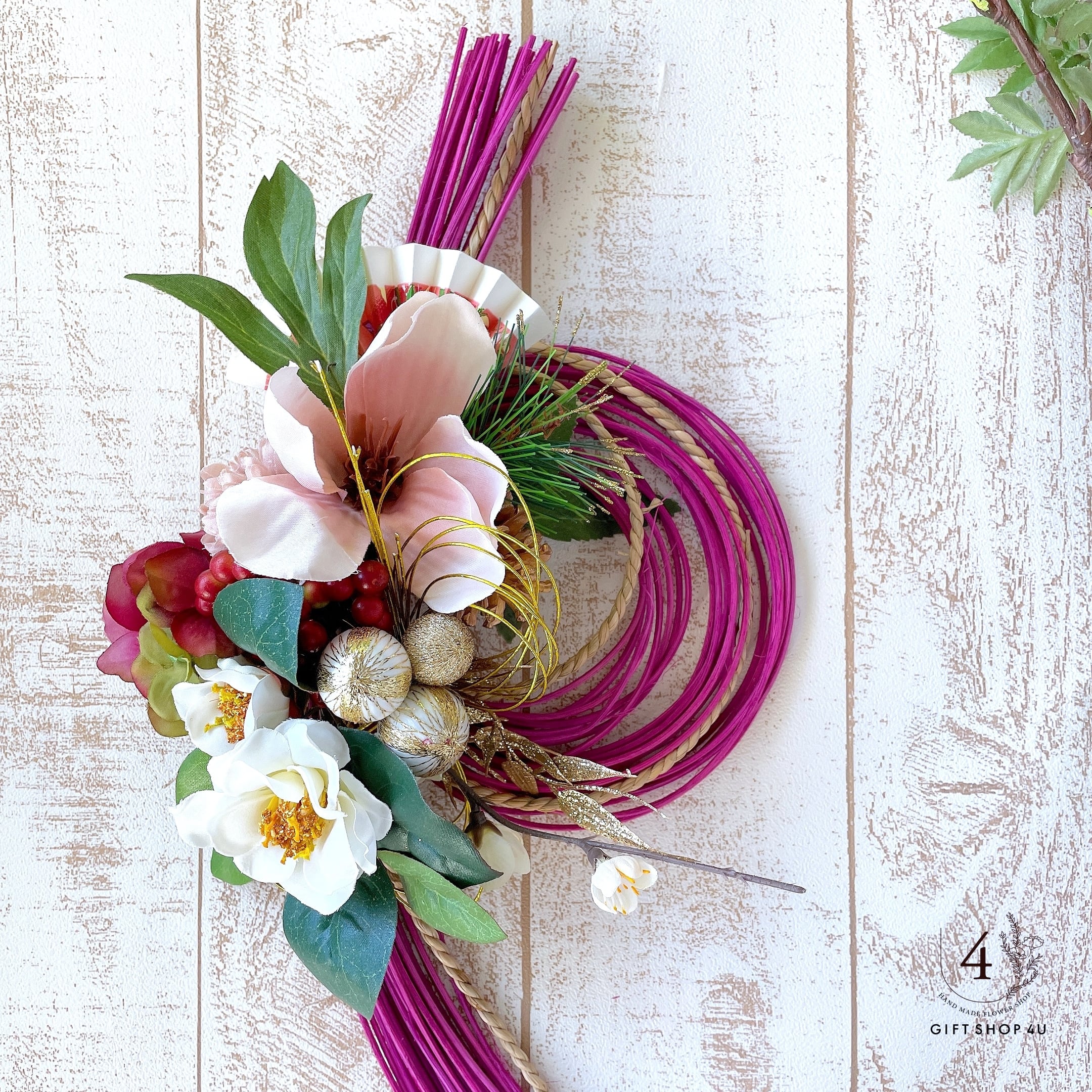 お正月】お正月お飾り 高さ50cm ピンク＆ホワイト お正月飾り