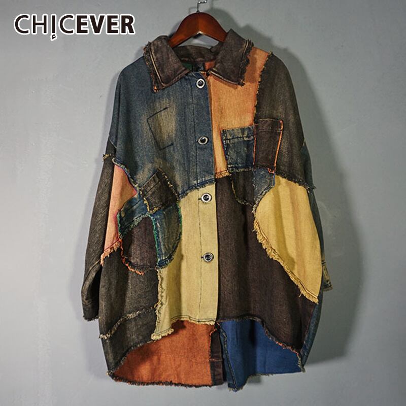 CHICEVERパッチワークコートレディースラペル長袖ヴィンテージヒットカラールーズオーバーサイズコートスタイル ロング ビンテージ 6base560113463920