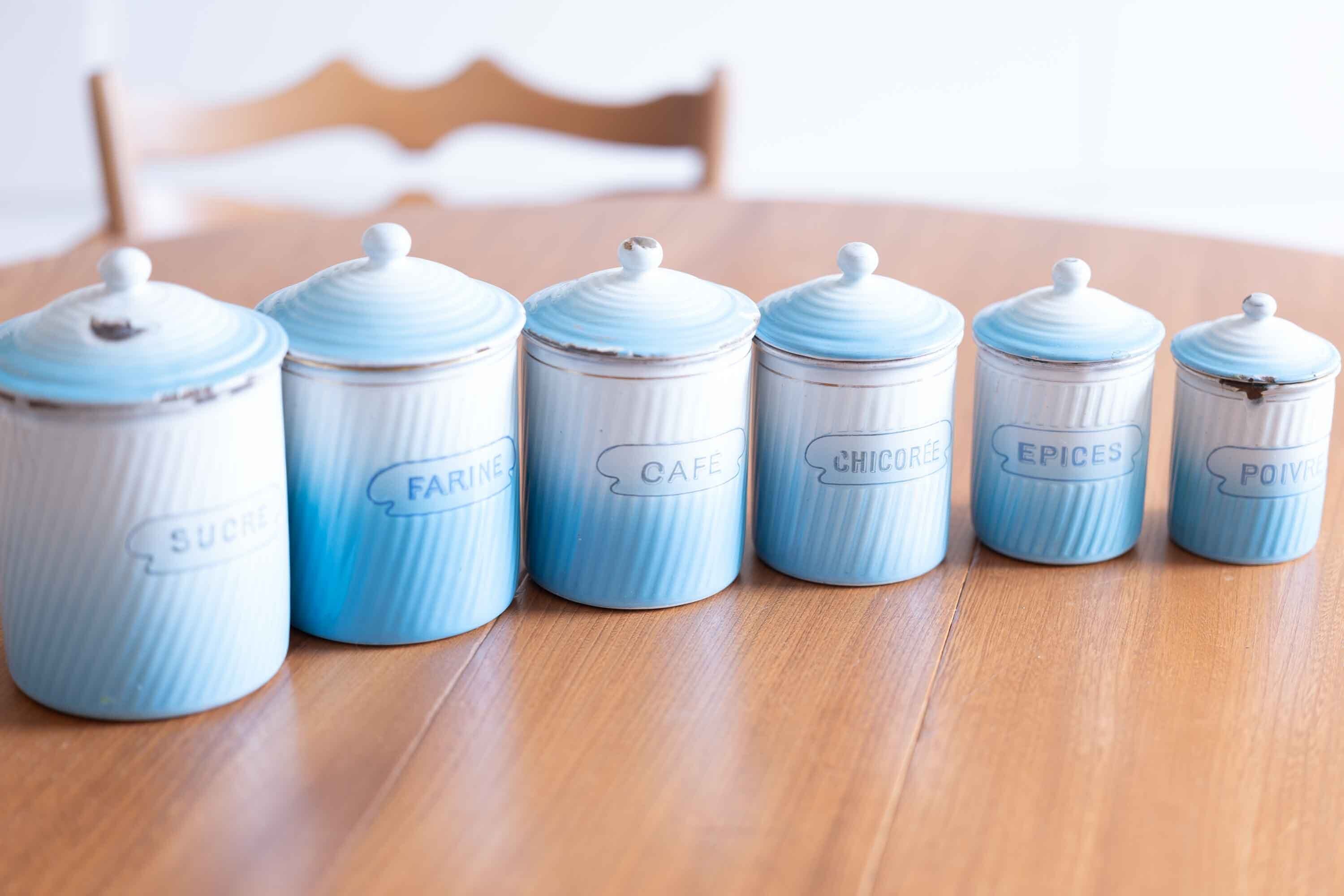 フランス アンティークホーロー デザインキャニスター 6個セット ブルーのグラデーション BB社