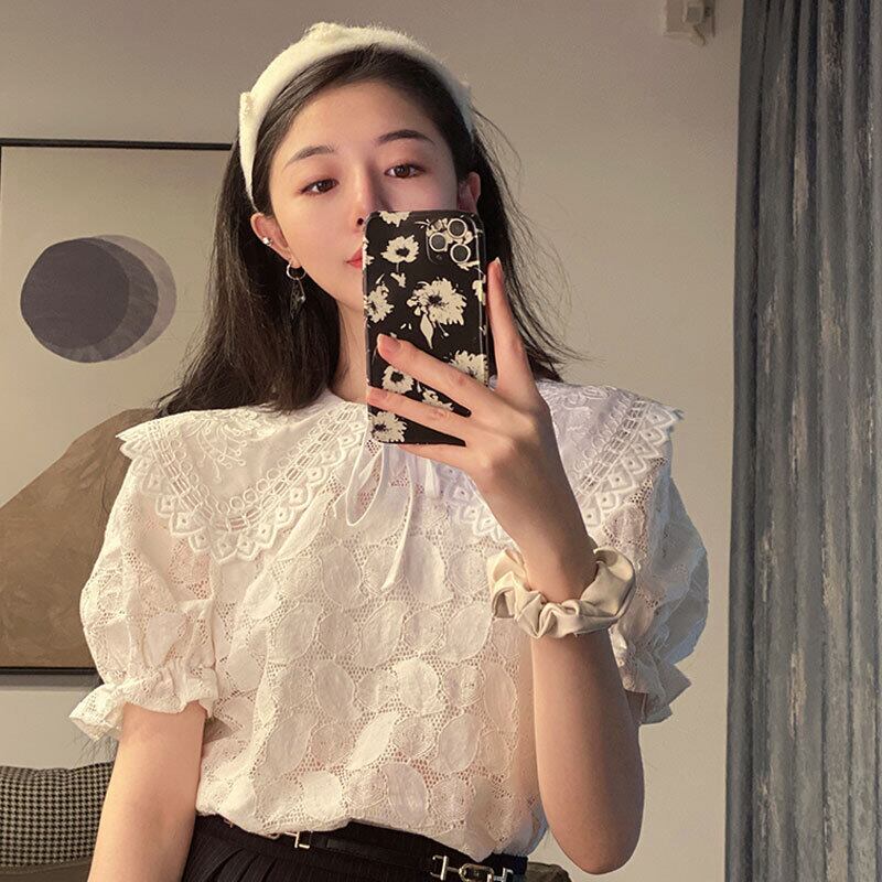 カラーレースシャツ ホワイトブラウス サマー 夏物 萌量不足19486489096