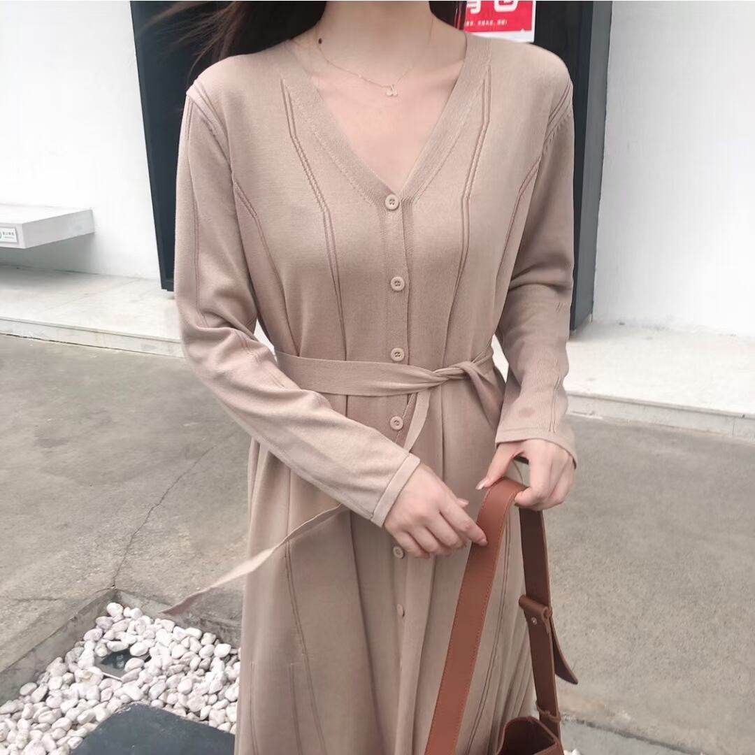 ベルト付き Vネックカーデワンピース　AJ1050-D004