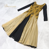 社交ダンス 衣装 ワンピース ドレス in the MOOD インザムード パーティ レース 花柄 高級感 上品 軽い ゴールド 黒 金 茶色 ゴールド系 ベージュ系 ブラウン系 フォーマル 上品 スタイリッシュ 日本製