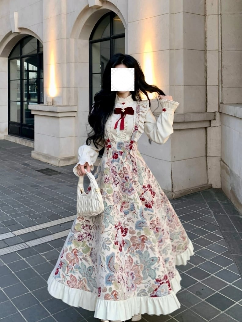 秋のレトロ花柄サスペンダースカート｜フリル裾 大人フェミニン