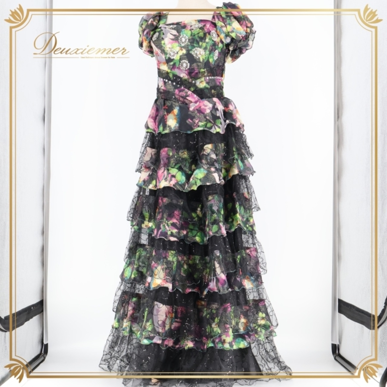 パーティドレス ワンピース ドレス 演奏会 カラードレス 発表会 パーティ Da Vistosa ドニャヴィストーサ 黒 紫 ピンク 緑 フリル レース 花柄 ブラック系 ピンク系 グリーン系 デザイン 華やか フェミニン 結婚式 ステージ衣装 おしゃれ レディース