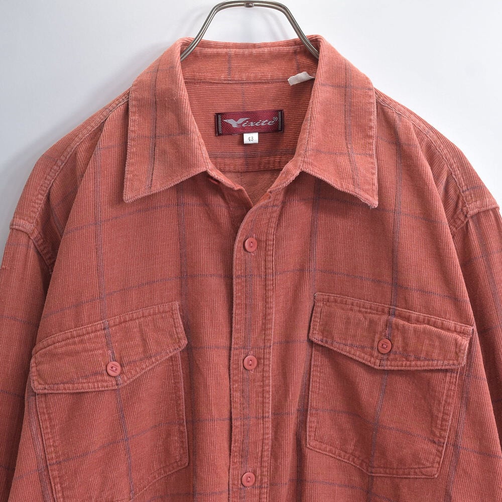 90s~ Vixite ウィンドウペン チェック ダブルフラップ デザイン コーデュロイワークシャツ 長袖 テラコッタ ヴィンテージ ビンテージ ヨーロッパ古着 メンズL相当