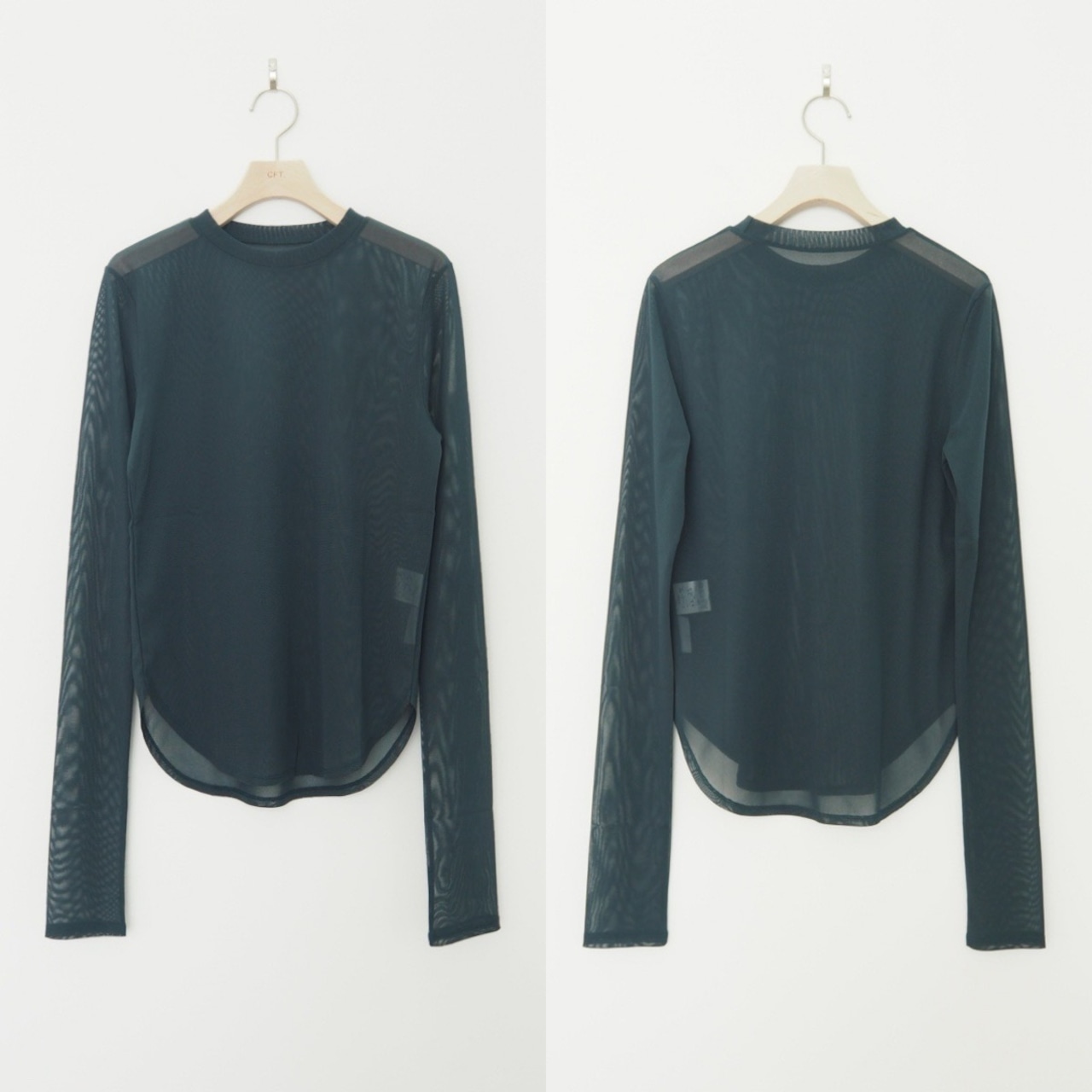 tulle sheer crew neck tops/moss green