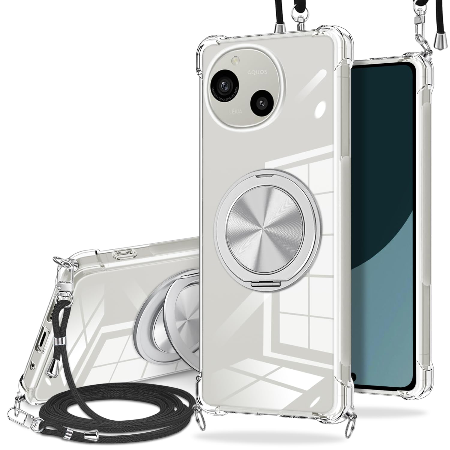 対応 AQUOS R10/R9 SH-51F/SH-51E クリアケース リング付き 360度回転 斜めがけ 耐衝撃 TPU 車載ホルダー対応