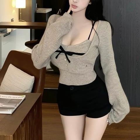 リボンキャミ+アンサンブルニットトップスセット