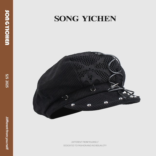☠髑髏レース帽子！【SONGYICHENシリーズ】★帽子★ ハット ぼうし ユニセックス ベレー帽 透かし彫り ブラック 黒い