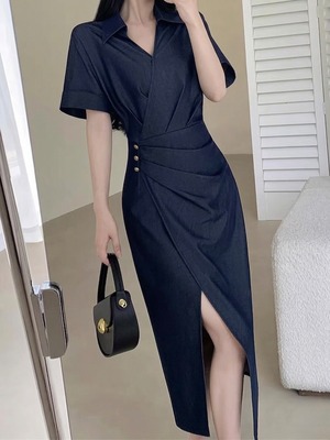 gold button waist slim dress.3160