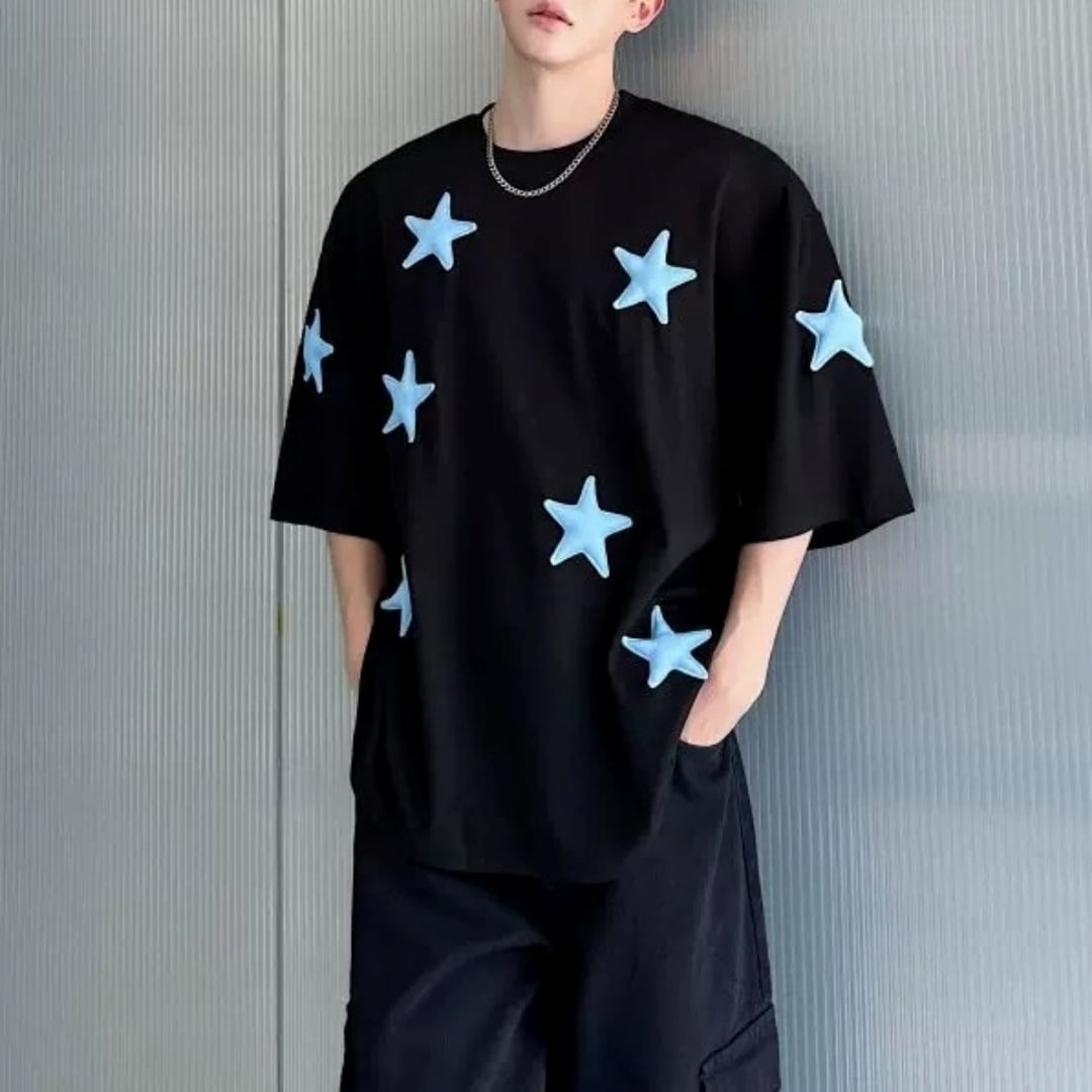 3Dスターモチーフ オーバーサイズTシャツ 2カラー D12389