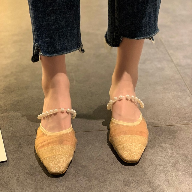 ミュールサマーパールメッシュ 靴 シューズ 夏物 真珠 スクウェア 部族の婦人靴57268394343