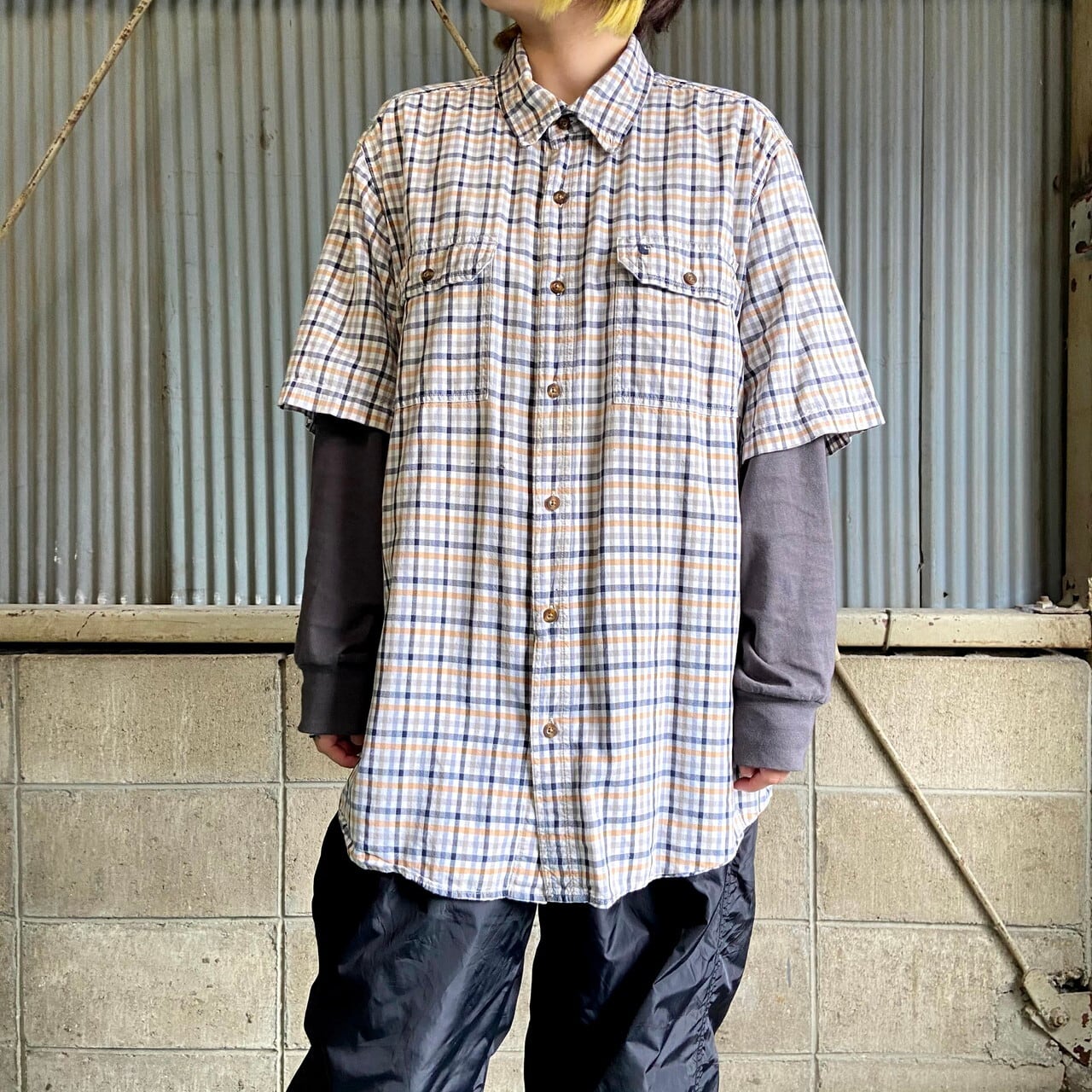 Carhartt カーハート　半袖BDシャツ　ネイビーチェック　ロゴタグ　XL