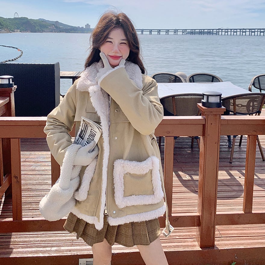 ストリートファッション ジャケット ボア付き ショート丈 コート アーミーグリーン カーキ