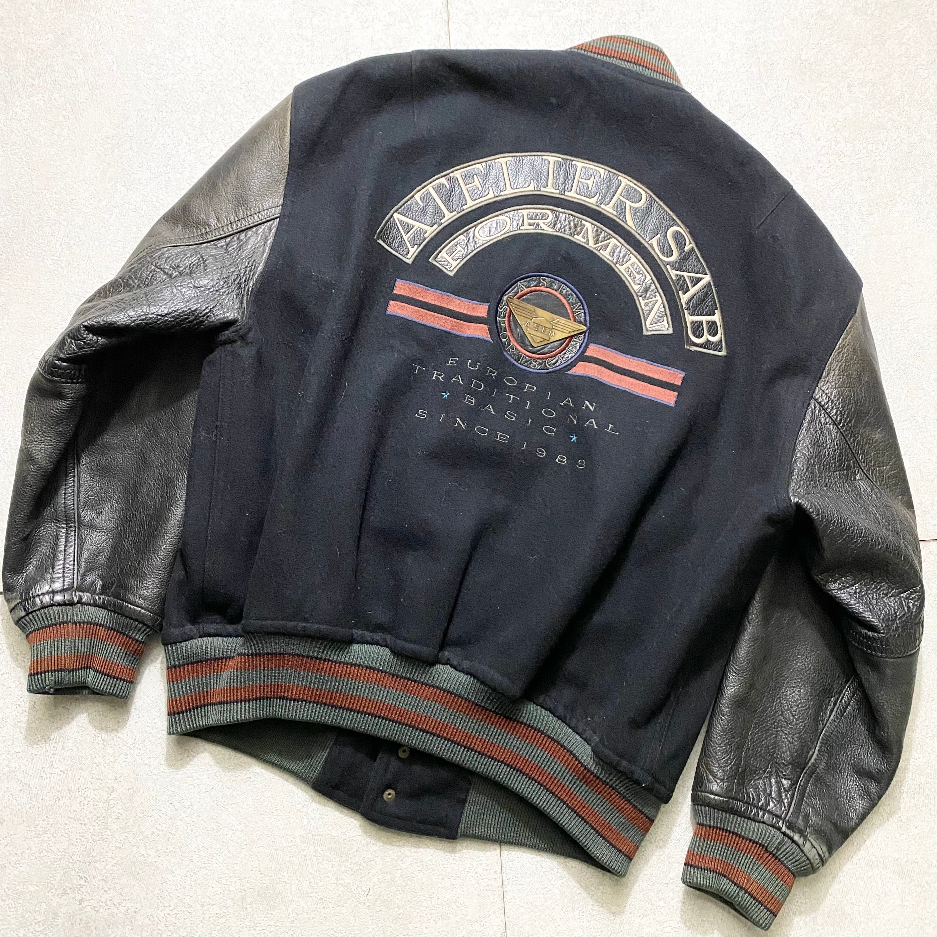 vintage ATELIER SAB FOR MEN leather sleeves all black blouson 