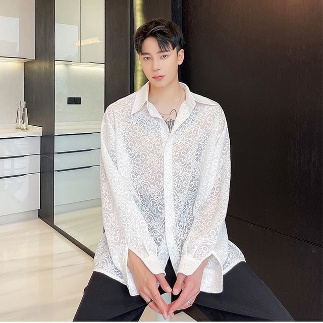 予約販売】シャツ メンズ 長袖 花柄 シアー素材 オーバーサイズ