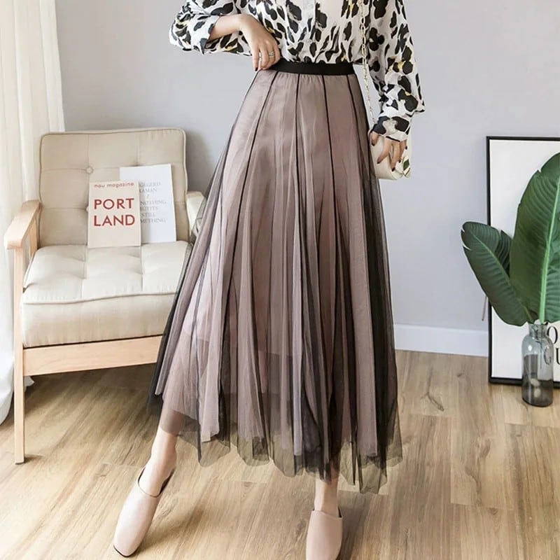 韓国風ハイウエストスリムチュールスカート レディースファッション コントラストメッシュ フェアリーパフスカート 新作 エレガント シック オフィスレディ ロングスカート