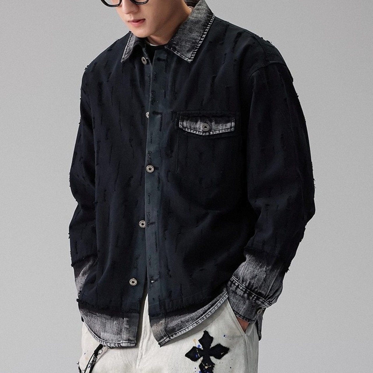 Long Sleeve Patch Pocket Hip Length Open Collar Shirt ◇H0888