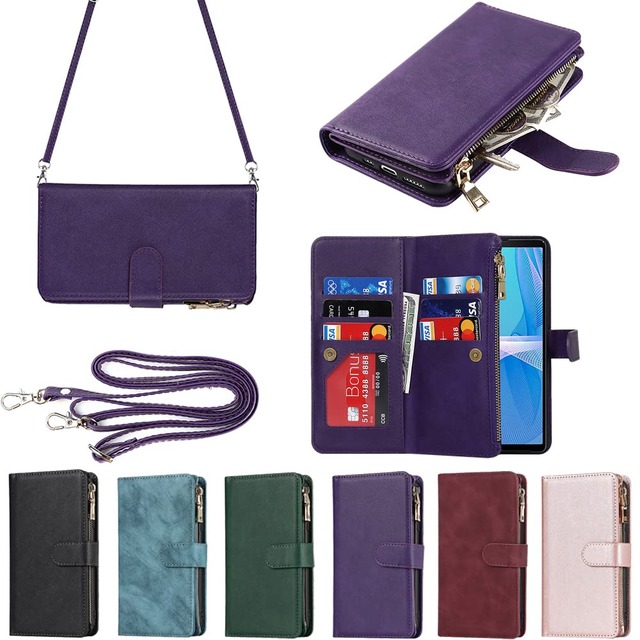Eastwave for Xperia 10 III ケース ソニー for Sony エクスペリア SO-52B / SOG04 縄掛けケース 手帳型 財布型 ICカード コインポケット ストラップ付き カード 収納 小銭入れ ファスナーポケット付き PUレザー 6色 パープル