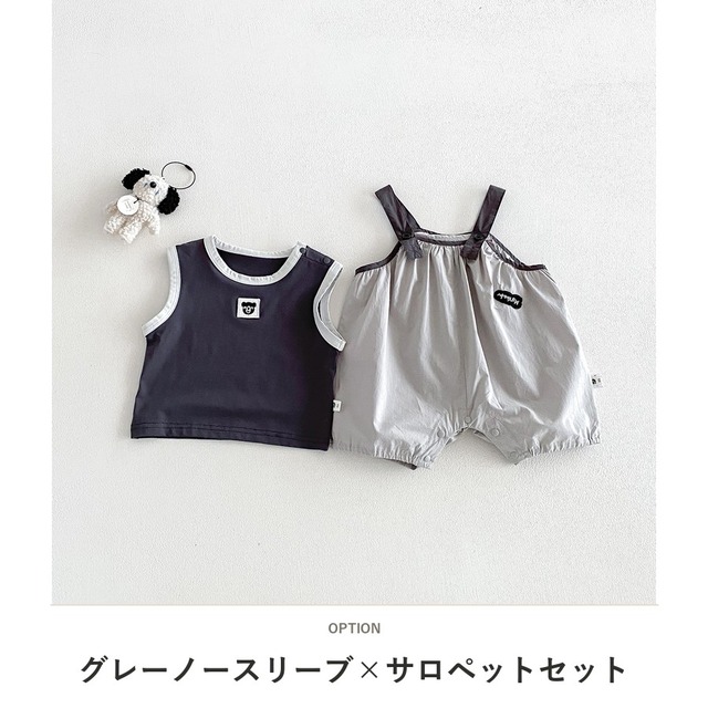 【セット】くまノースリーブTシャツサロペットロンパースセット - 2