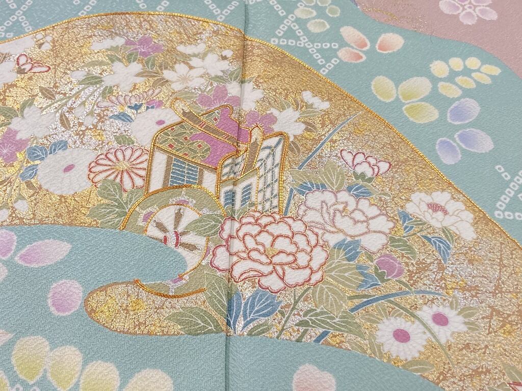 未使用 京友禅 染め分け 金駒刺繍 辻ヶ花 花柄 訪問着 正絹 水色 黄緑 ...