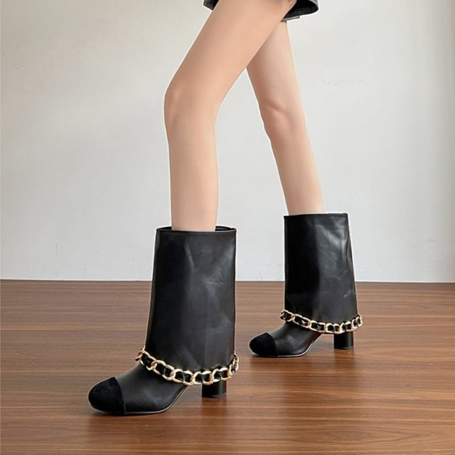 bicolor chain attached mid-length boots m0111