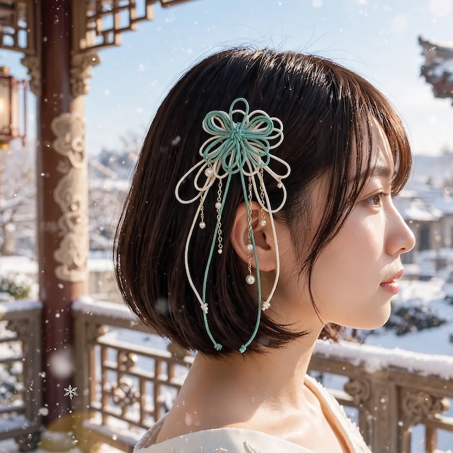 飾り結びヘアコーム（小）「瑞、其レハ」（淡緑×アイボリー）【軽量で簡単和装ヘア】浴衣・着物・七五三や成人式に。