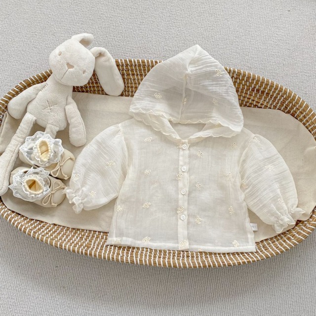 【BABY】フラワー刺繍フード付きカーディガン - 1