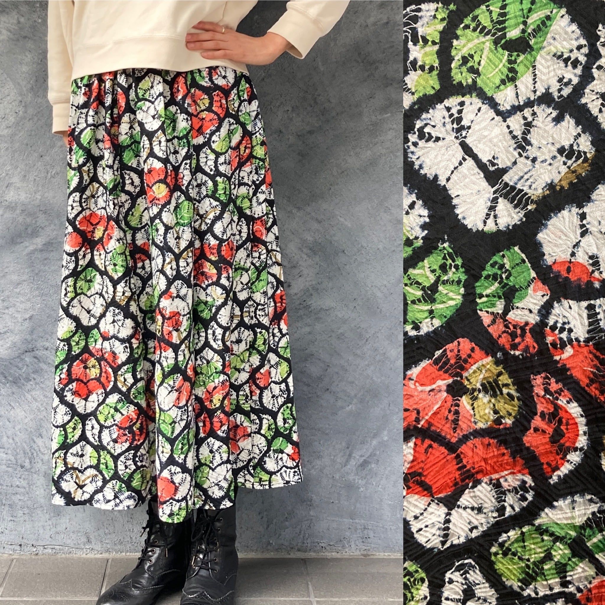 着物リメイクギャザーロングスカート - kimono elastic waist skirt 