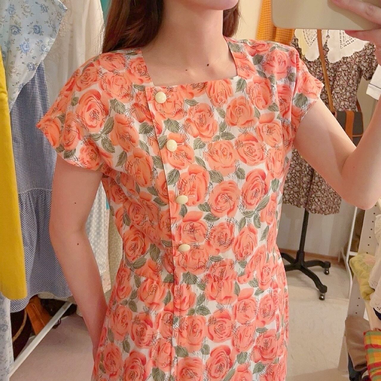 pink rose square neck one-piece