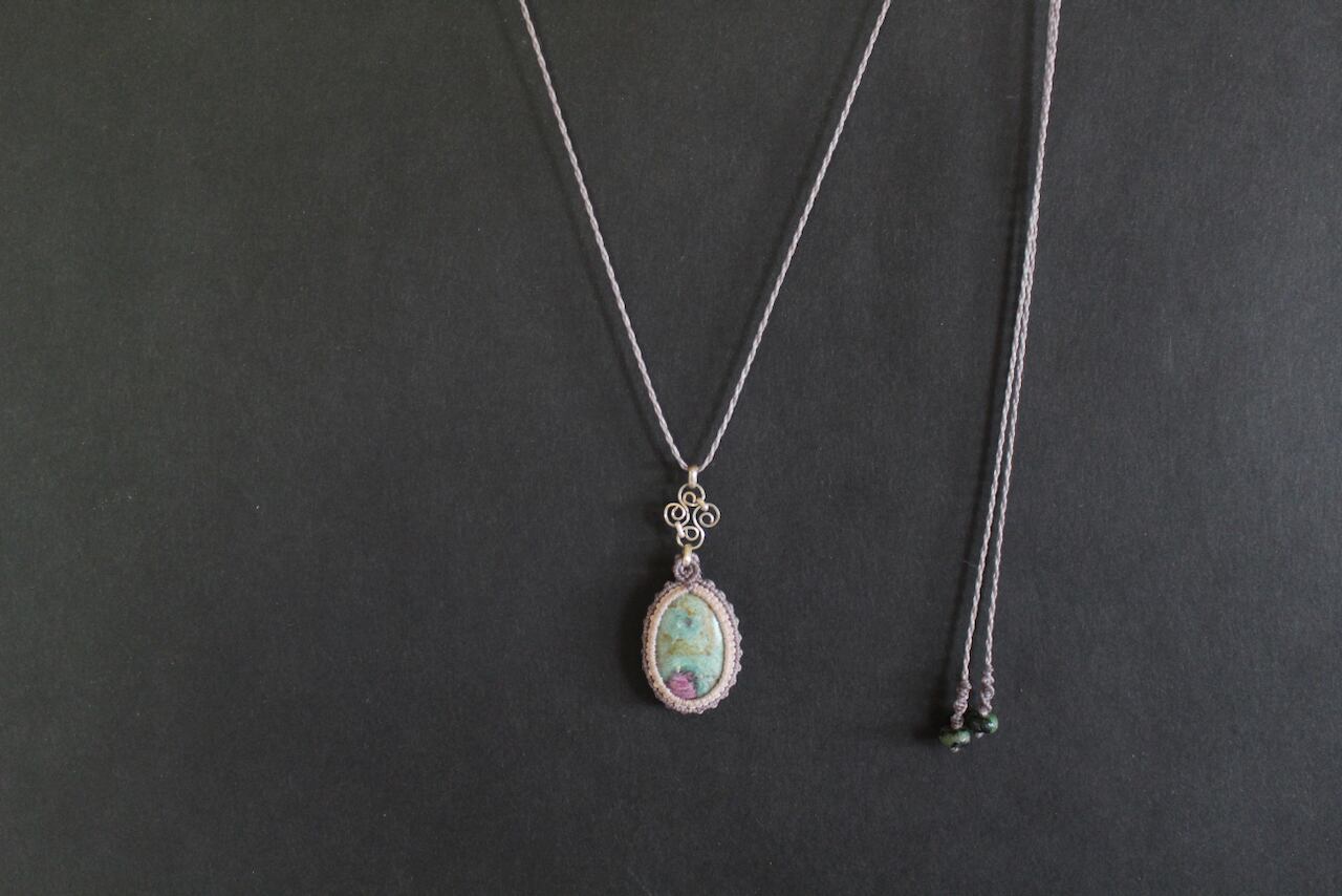 Ruby in Fuchsite silver925 wire work micro macrame pendant