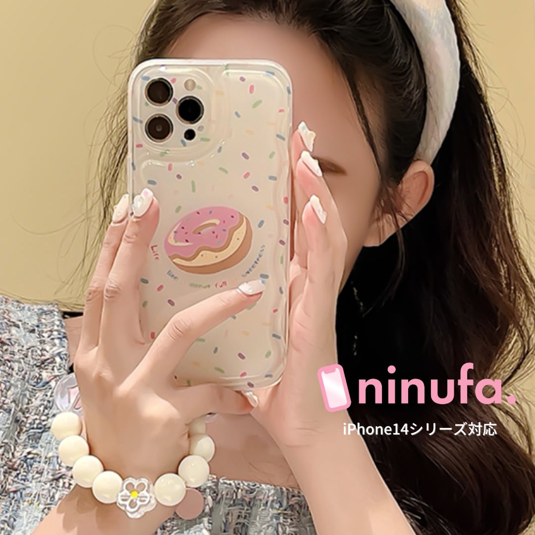 【再販】ポップなドーナツ◎かわいい 新型 iphone14 シリーズ対応 ストラップ付き 半透明ケース カメラ保護 韓国っぽ スマホケース ND-14916