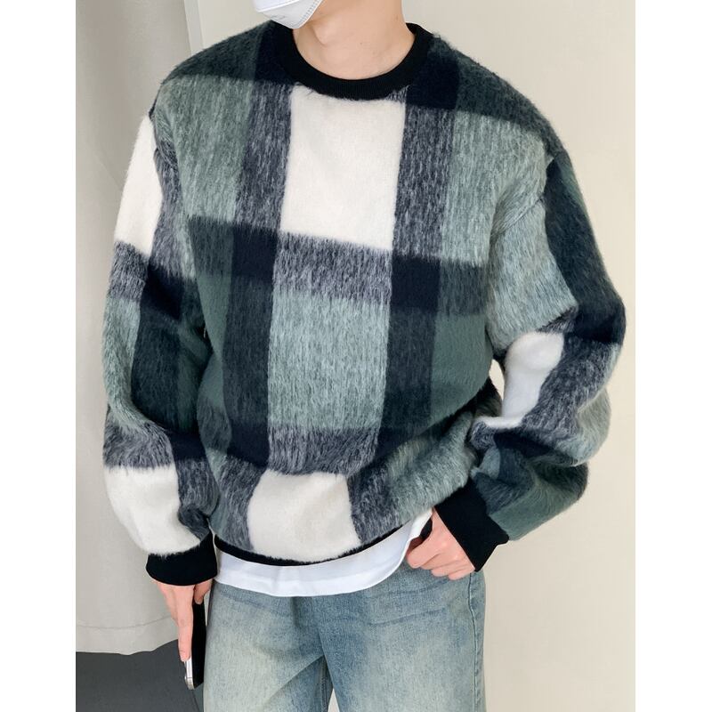 check pattern oversized crew neck long sleeve knit mr0140