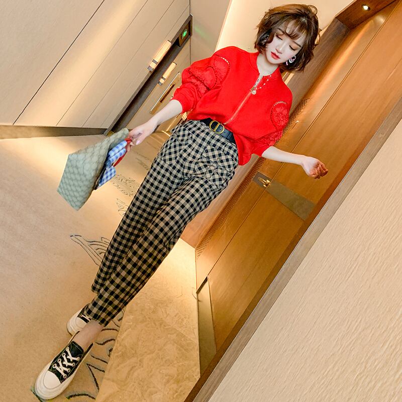 Flowerデザイン ジッパースタンダードパンツ セット オータム レッド レトロ 刺繍 秋物 フラワーデザイン MIUCO10857188862