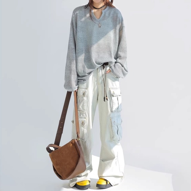 ボーダーメッシュルーズフィットキーネックニット 4col   R01859