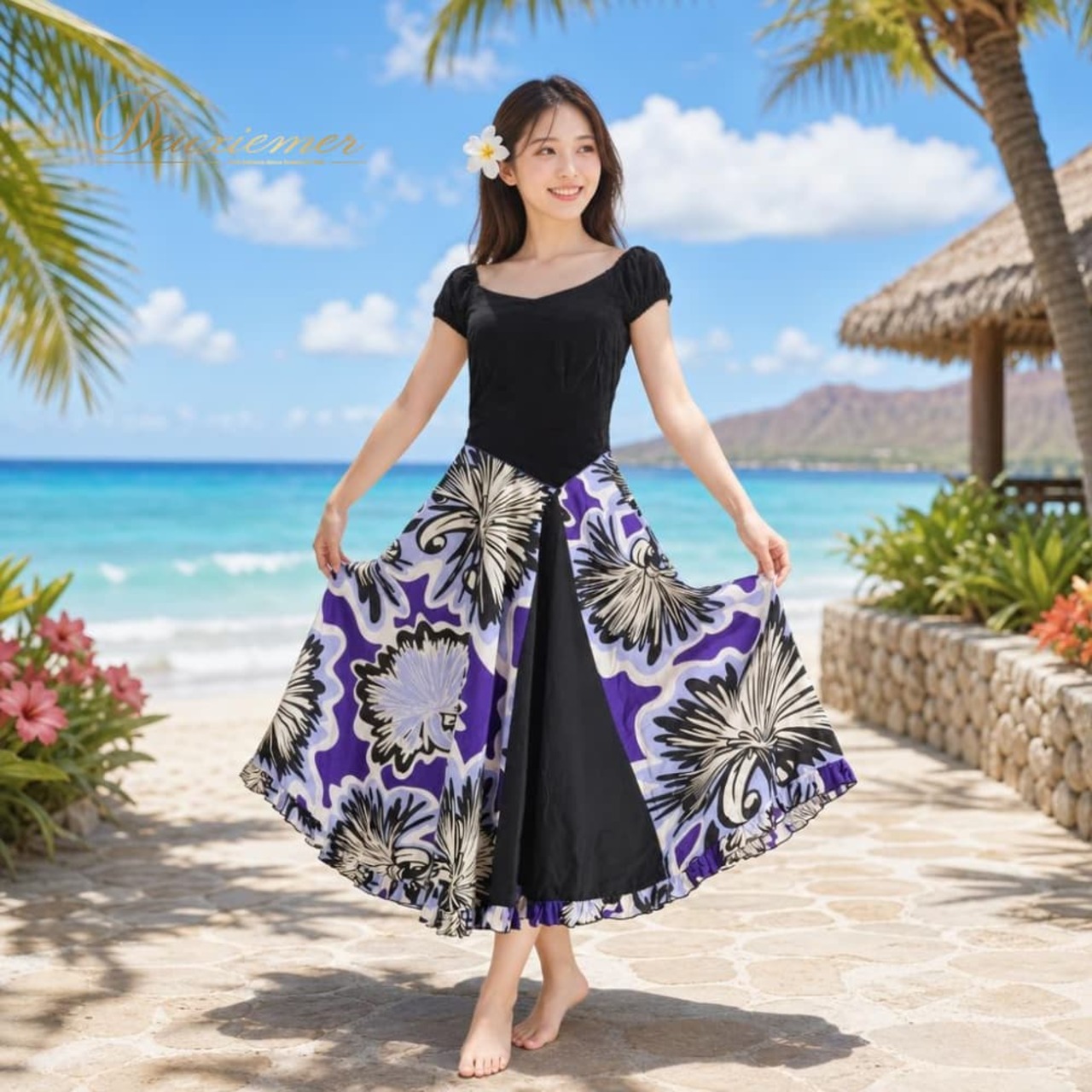 フラダンス 衣装 ALOHA STANDARDS アロハスタンダード ワンピース ドレス ブラック系 日本製 フリル ベロア 異素材 かわいい 華やか 鮮やか 黒 紫 白 ハワイアン アロハ ハワイアンプリント ダンス レッスン 練習 パープル系 ホワイト系