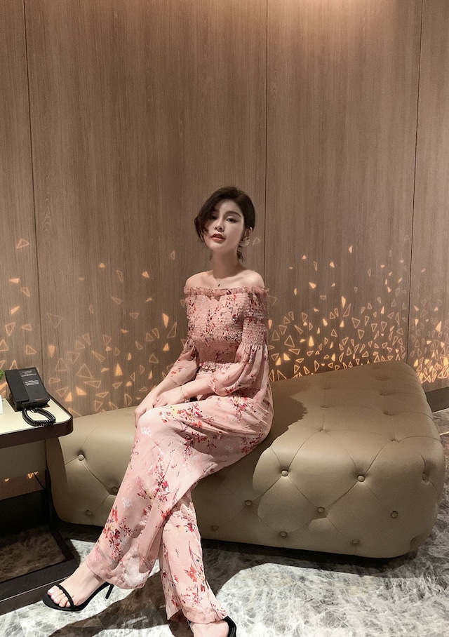 ツーピース セットアップ オフショルダー ワイドパンツ 花柄 ギャザー 