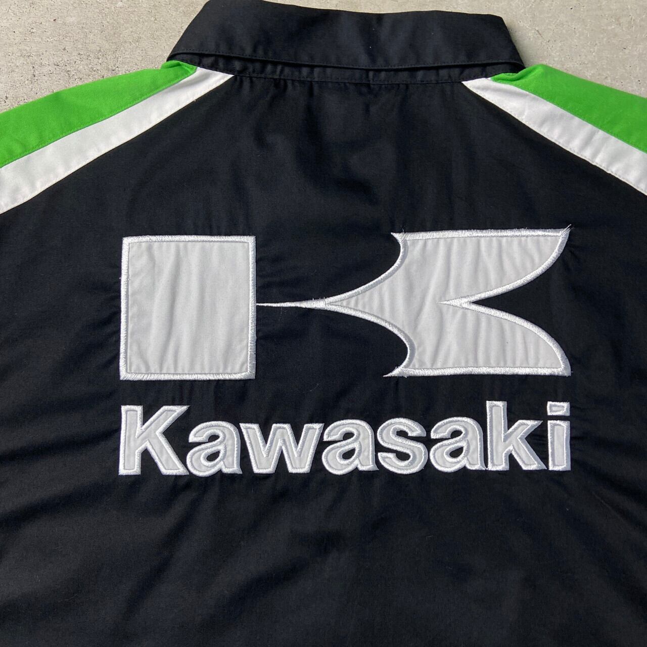 Kawasaki カワサキ ロゴ刺繍 バック刺繍 半袖 レーシングシャツ メンズ