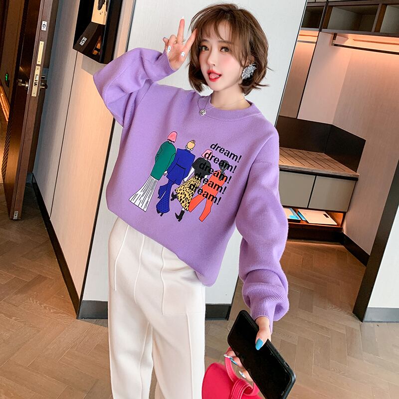 プリントラウンドネックルーズセーター オータムウィンター 秋物 冬物 Oネック MIUCO36607598980