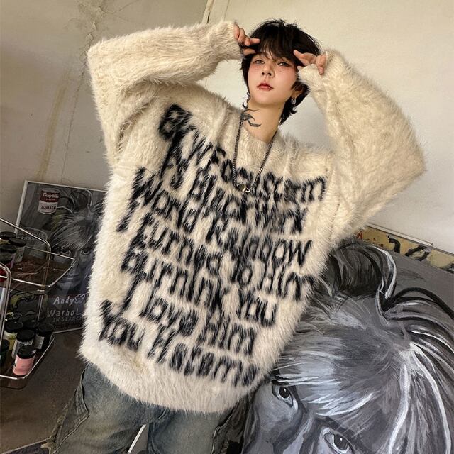 予約販売】ニット セーター メッセージ オーバーサイズ モコモコ