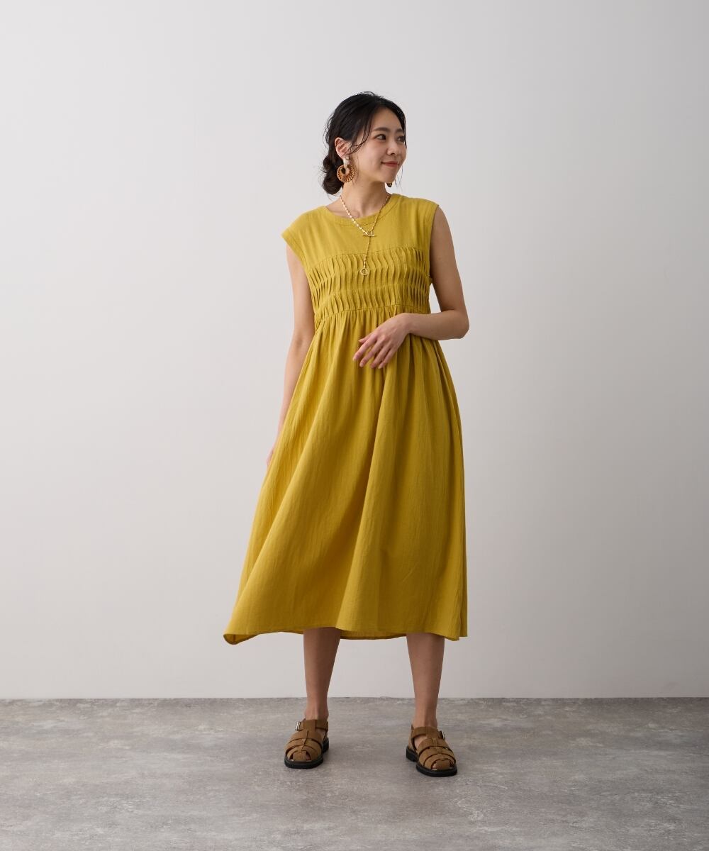 No.24019 ピンタックノースリーブワンピース Yellow | エルキカク